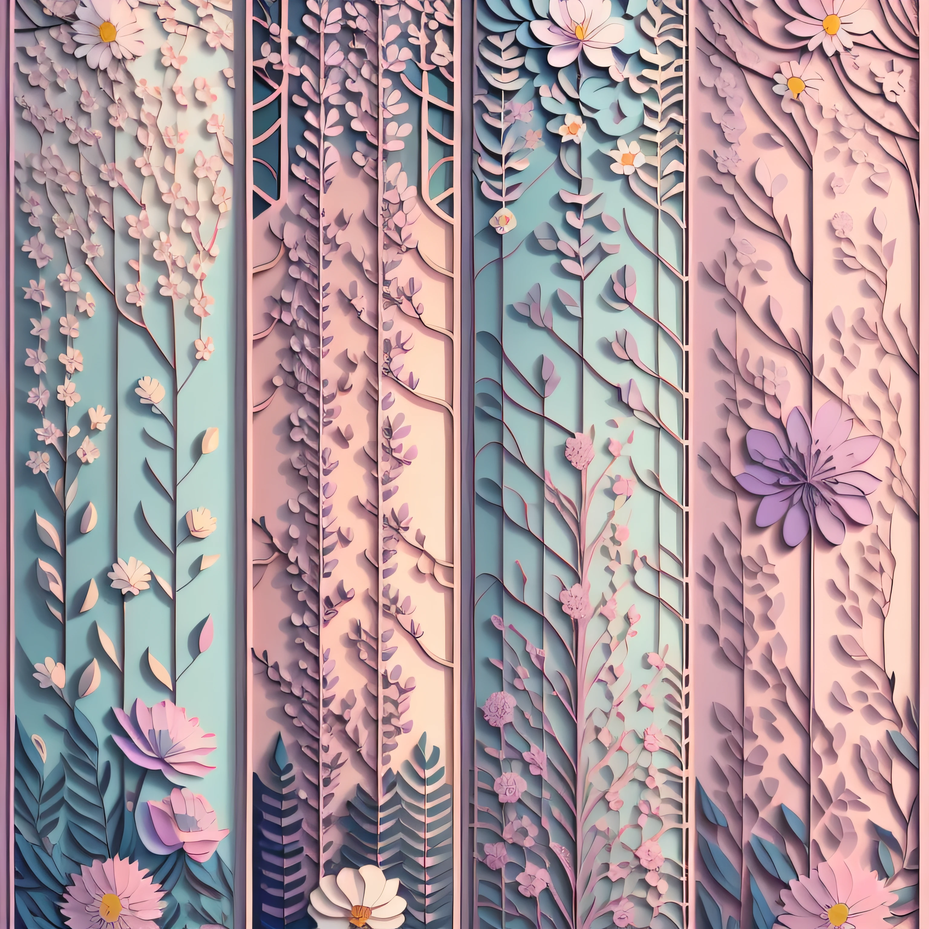 Flat style wallpaper, vector style floral vine pattern with pastel color tones including old pink, pastel blue, light blue, beige, soft purple, soft yellow and white without obvious shadows.