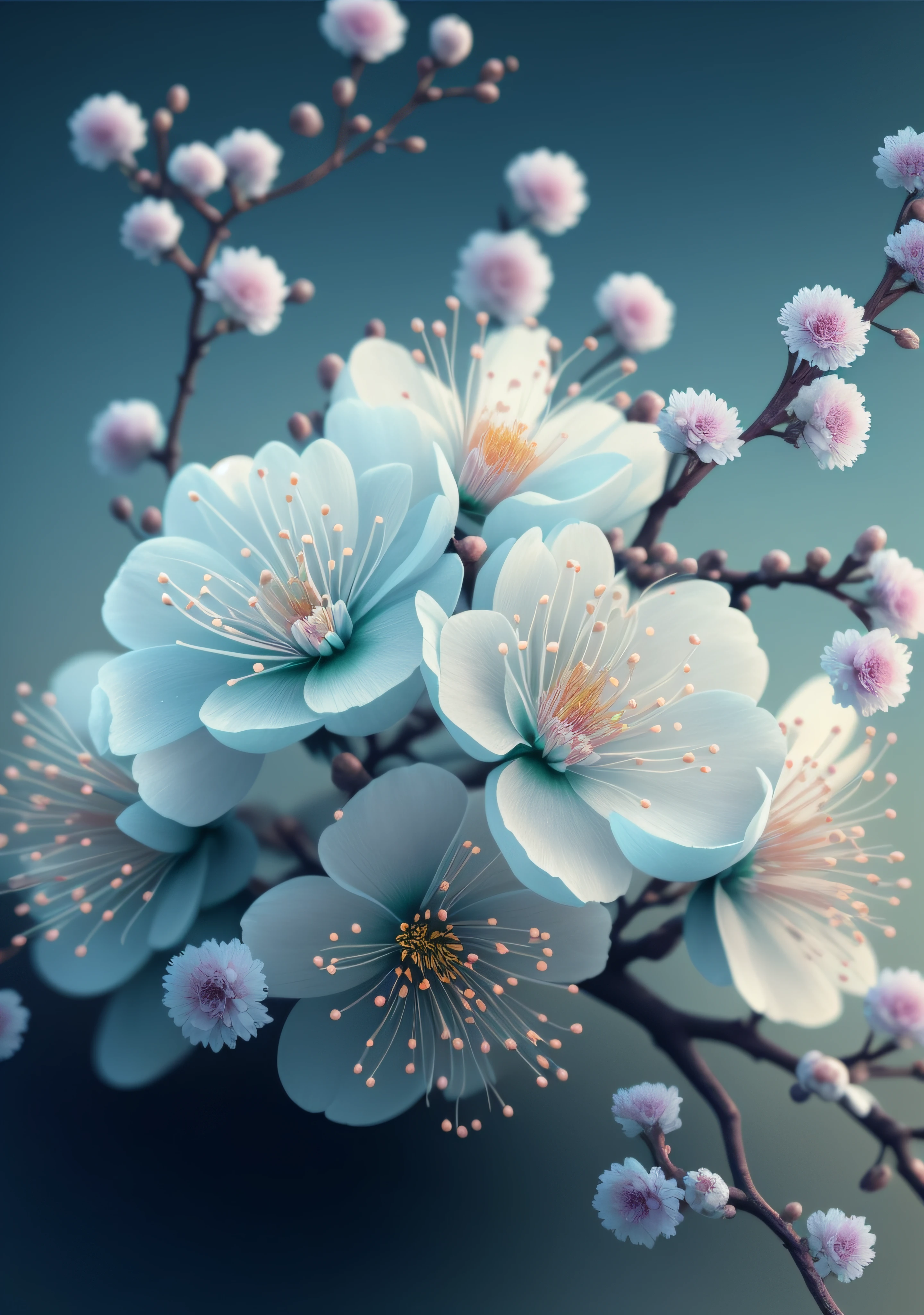 there is a close up of a bunch of flowers on a branch, paul barson, flower blossoms, beautiful digital artwork, beautiful digital art, flowers and blossoms, surreal waiizi flowers, beautiful flowers, blooming flowers, flowers with intricate detail, incredibly beautiful, beautiful art, beautiful composition 3 - d 4 k, gorgeous digital art, sakura flowers