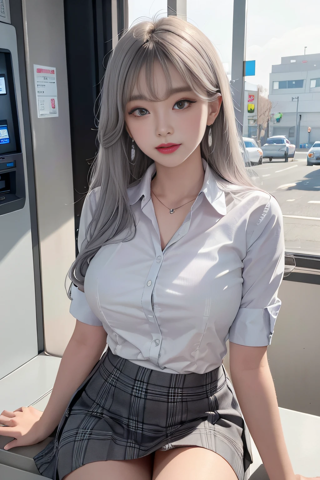 Best quality, RAW photo, super high resolution, bright silver hair, bright gray hair, gentle smile, raising one corner of mouth, 16 year old korean, very big breasts, school uniform, collared shirt, school uniform shirt, tight school uniform, plaid skirt, fair skin, shiny white skin, short bob, beautifully matched bangs, beautiful eyes of random color, very thin lips, beautiful eyes in detail, elongated eyes, pale pink blush, long eyelashes, beautiful double eyelids, eyeshadow, necklace, earrings, night bank, bank ATM,