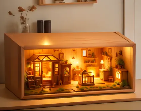 there is a small wooden box with a miniature house inside, designed for cozy aesthetics!, with detailed wood, detailed scenery —width 672, indoor scene, with a miniature indoor lake, tiny mice living inside, super detailed picture, highly detailed scene, m...