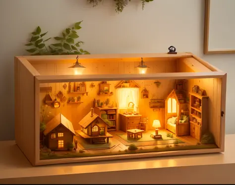 there is a small wooden box with a miniature house inside, designed for cozy aesthetics!, with detailed wood, detailed scenery —width 672, indoor scene, with a miniature indoor lake, tiny mice living inside, super detailed picture, highly detailed scene, m...