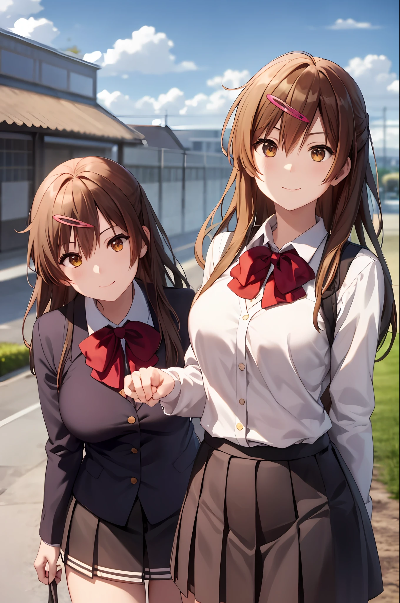 masterpiece, (best quality), 2women, 2girls, twin sisters, brown hair,  long hair, brown eyes,icho private high school unfirom, school uniform, sweater,medium breasts,hair ornament ,sexy woman,smile, hair between eyes, long sleeves,closed clothes, embarrassed,blush,  skirt, vibrant colors ,natural lighting  ,RTX,  , beautiful, (detailed face:1.2), showcase, (perfect eyes:1.1) ,(photorealistic:1.1), 8k uhd,  looking at viewer, outdoors,  simple backround,