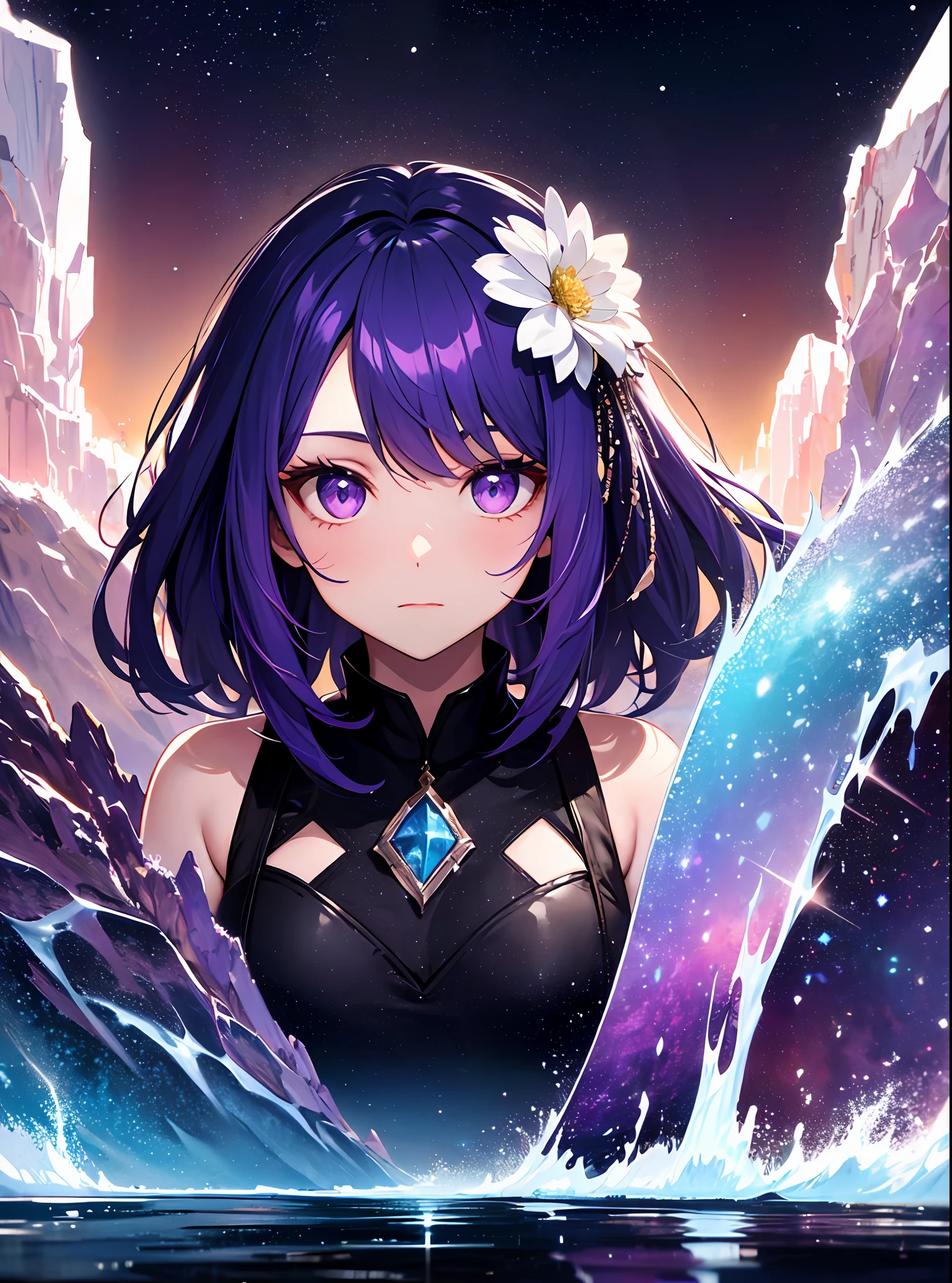 absurdity, high definition, (official art, beauty and aesthetics: 1.2),
1 girl, purple hair, middle hair, purple crystal eyes, shiny eyes,
purple sky, glittering galaxies, (Uyuni salt marsh: 1.2),
(Surrealism: 1.15), (fractal art: 0.3),
Water effect, ripple effect, (flower effect: 0.65), light effect, 8K wallpaper,