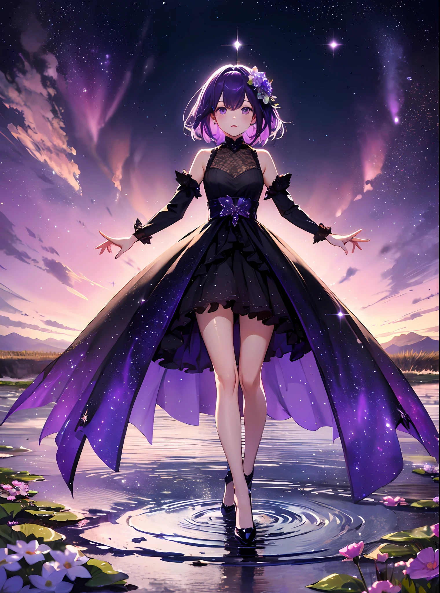 absurdity, high definition, (official art, beauty and aesthetics: 1.2),
1 girl, purple hair, middle hair, purple crystal eyes, shiny eyes,
purple sky, glittering galaxies, (Uyuni salt marsh: 1.2),
(Surrealism: 1.15), (fractal art: 0.3),
Water effect, ripple effect, (flower effect: 0.65), light effect, 8K wallpaper,