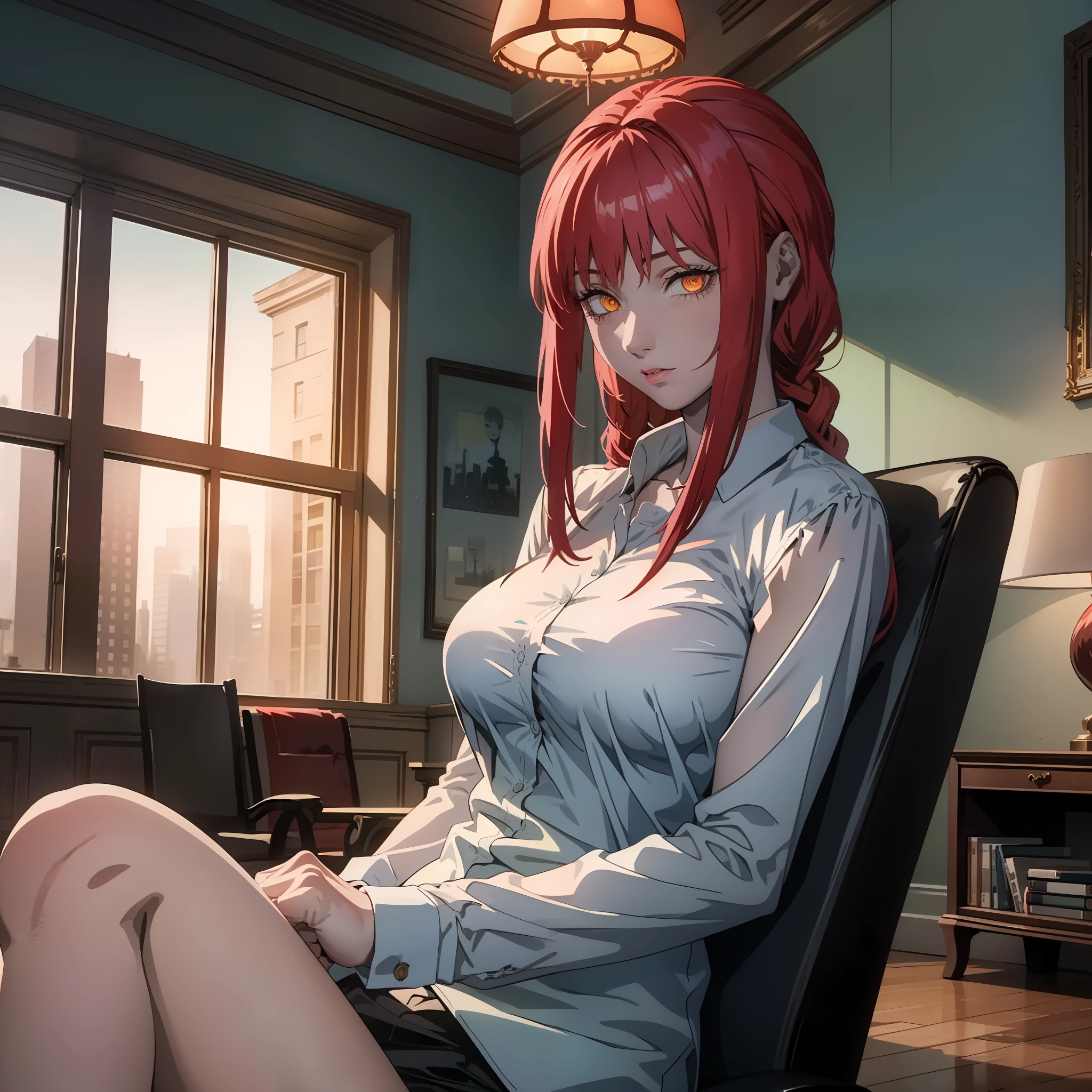 masterpiece, best quality, finely detailed, 1gir 1, (red hair), (bishoujo), cute, (orange eyes), (eyelashes), (huge breasts), (neckline), (white shirt: 1. 2), (open shirt), sitting on sofa, lamp, window, night, delicate interior design, makima, red-haired girl, sexy look, hot, bad girl