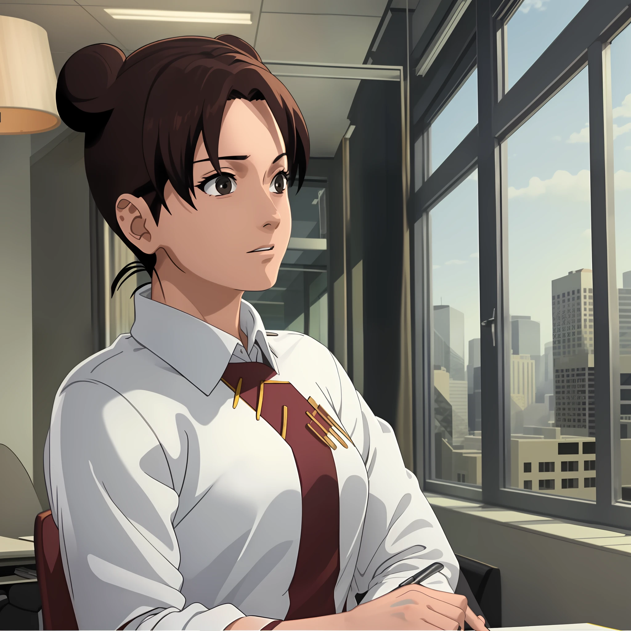 Tenten working in an office building , formal office dress , masterpiece , best quality , black tie .