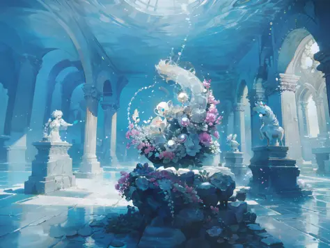 ancient underwater ruins, A delicate strand of luminescent pearls lies atop a stone pedestal. Each pearl glows with a soft radia...