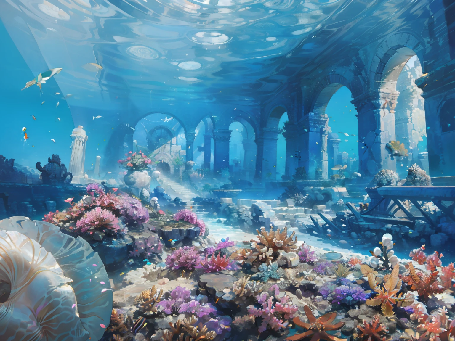 Antiguas ruinas submarinas, Alcobas que contienen diversos artefactos, Perlas brillantes, conchas marinas, y esculturas de coral adornan. (obra maestra: 1.2) (mejor calidad: 1.3)