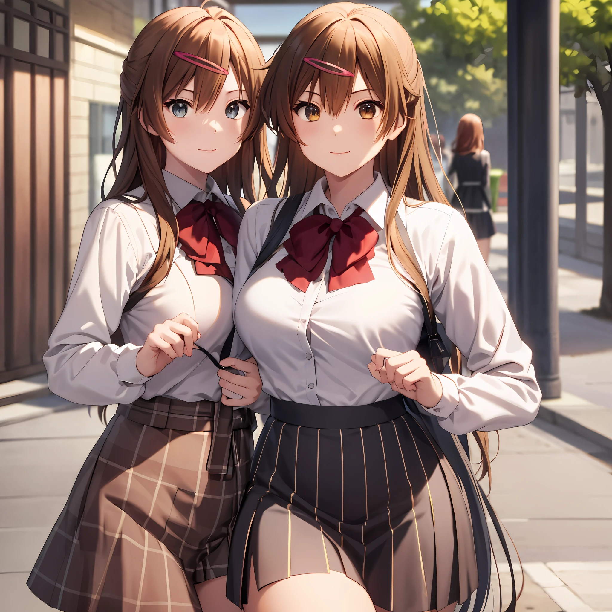 masterpiece, (best quality), 3women, 3girls, triplet sisters, brown hair, long hair, brown eyes, icho private high school uniform, school uniform, sweater,medium breasts, matching outfits, sexy woman,smile, hair between eyes, long sleeves,closed clothes, embarrassed,blush,  skirt, vibrant colors ,natural lighting  ,RTX,  , beautiful, (detailed face:1.2), showcase, (perfect eyes:1.1) ,(photorealistic:1.1), 8k uhd,  looking at viewer, outdoors,  simple backround,