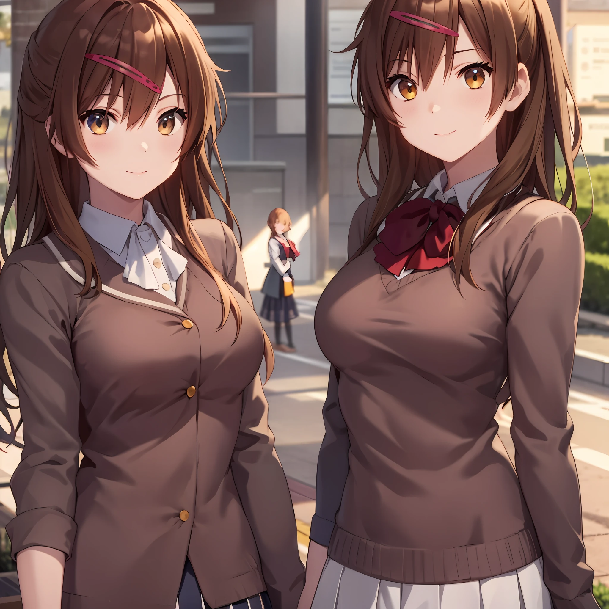 masterpiece, (best quality), 3women, 3girls, triplet sisters, brown hair, long hair, brown eyes, icho private high school uniform, school uniform, sweater,medium breasts, matching outfits, sexy woman,smile, hair between eyes, long sleeves,closed clothes, embarrassed,blush,  skirt, vibrant colors ,natural lighting  ,RTX,  , beautiful, (detailed face:1.2), showcase, (perfect eyes:1.1) ,(photorealistic:1.1), 8k uhd,  looking at viewer, outdoors,  simple backround,