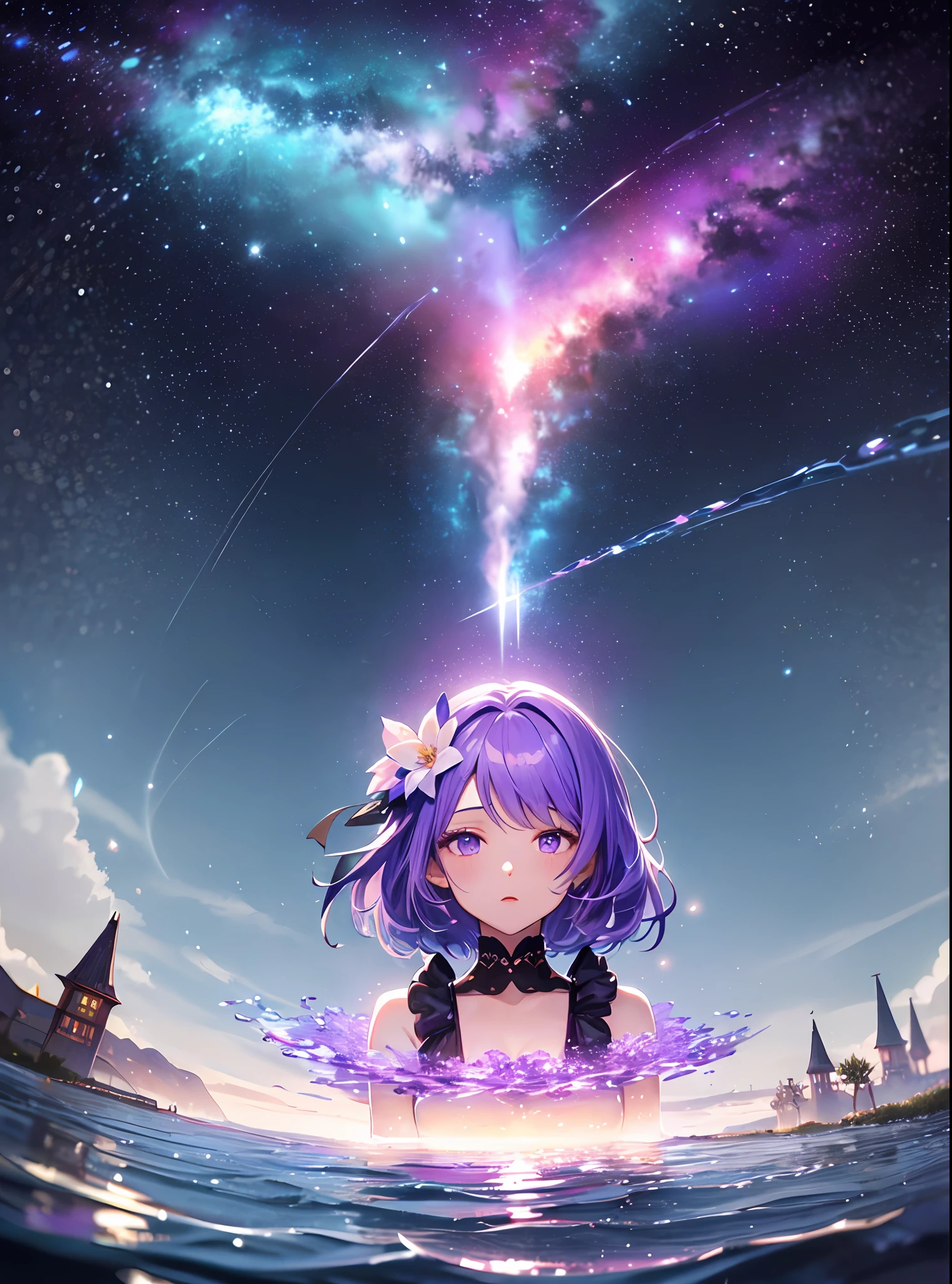 absurdity, high definition, (official art, beauty and aesthetics: 1.2),
1 girl, purple hair, middle hair, purple crystal eyes, shiny eyes, fine face,
purple sky, glittering galaxies, (Uyuni salt marsh: 1.2),
(Surrealism: 1.15), (fractal art: 0.3),
Water effect, ripple effect, (flower effect: 0.65), light effect, 8K wallpaper,