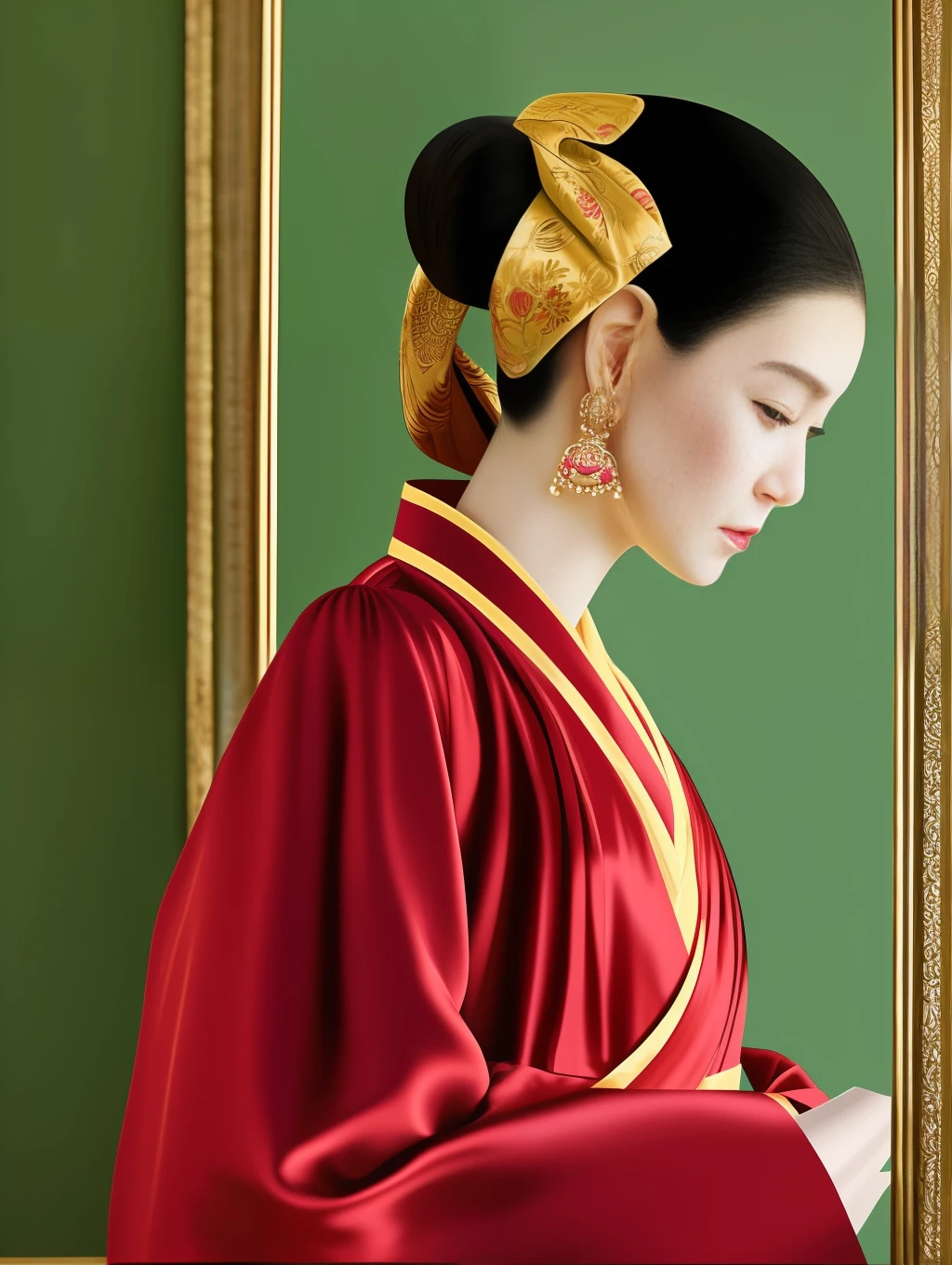 Fashion photograph showcasing a model elegantly draped in Ming Dynasty styled silk robes, gazing into a jade hand mirror, giving a close-up profile view. Medium: Vanity Fair. Artist: Jamie Hawkesworth  --ar 1:1 50 --style raw --s 2