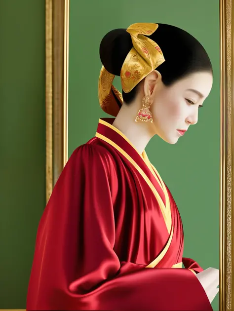 fashion photograph showcasing a model elegantly draped in ming dynasty styled silk robes, gazing into a jade hand mirror, giving...