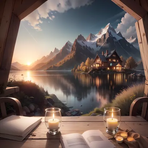 hut, mountains, yellow light, sunset, candles, landscape, lake