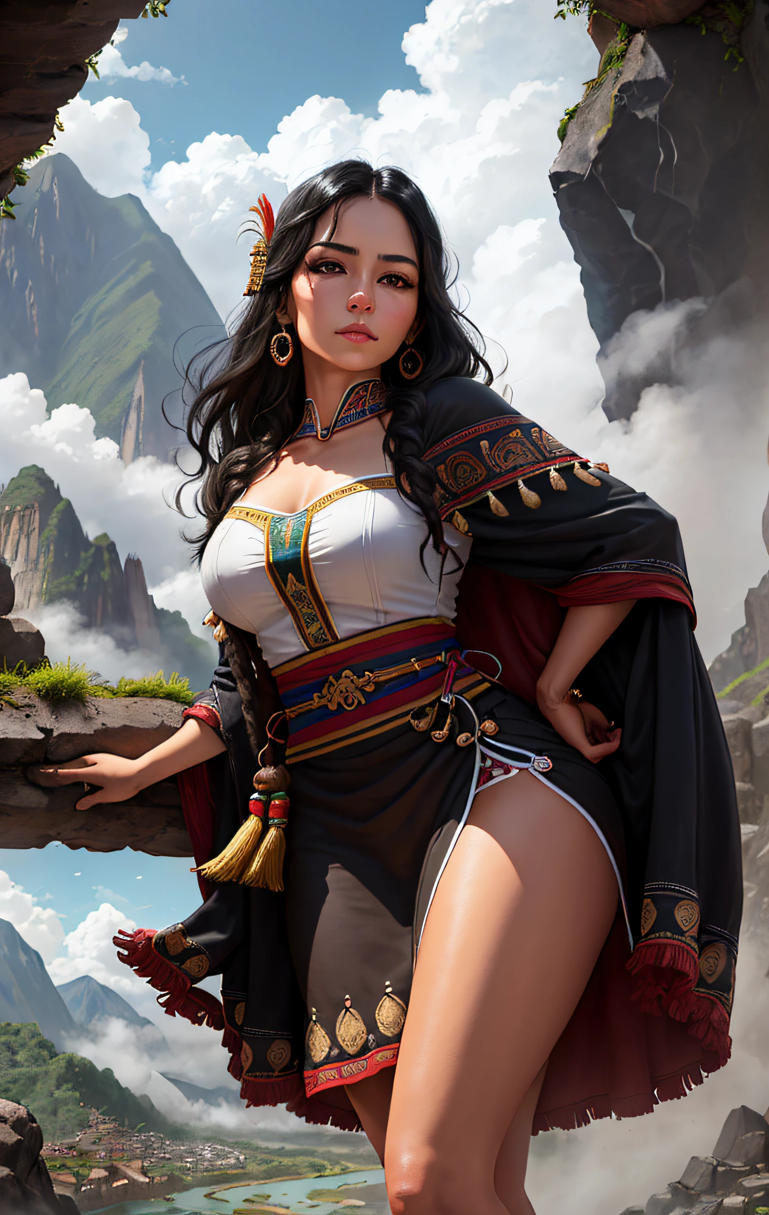 ((realistic: 1.5)),((best quality)), ((masterpiece)),((detailed)), (1 Peruvian girl), {a beautiful Inca woman wearing, (upper body:1.3), { fully dressed with traditional inca dress, super wide-angle lens,facial focus, mature, sexy, toned muscles, long legs, curves, barefoot, full Inca costume, thick thighs, wide hips, thin legs, dark eyes, long black hair, floating hair, long eyelashes, (detailed face, beautiful eye, detailed pupils, detailed characteristics of Inca clothing, light background: 1.3),  mysterious ancient Inca ruin, lush forests, deep canyons, bridge, river, cliff, cloud, lakes, rock, waterfalls, flowers, grass, fog, vine, tree, smoke, best shadow, bright details, sharp, perfect composition, intricate, sharp focus, dramatic, (specular illumination: 1.3),edge light, Inca landscape, fully dressed,