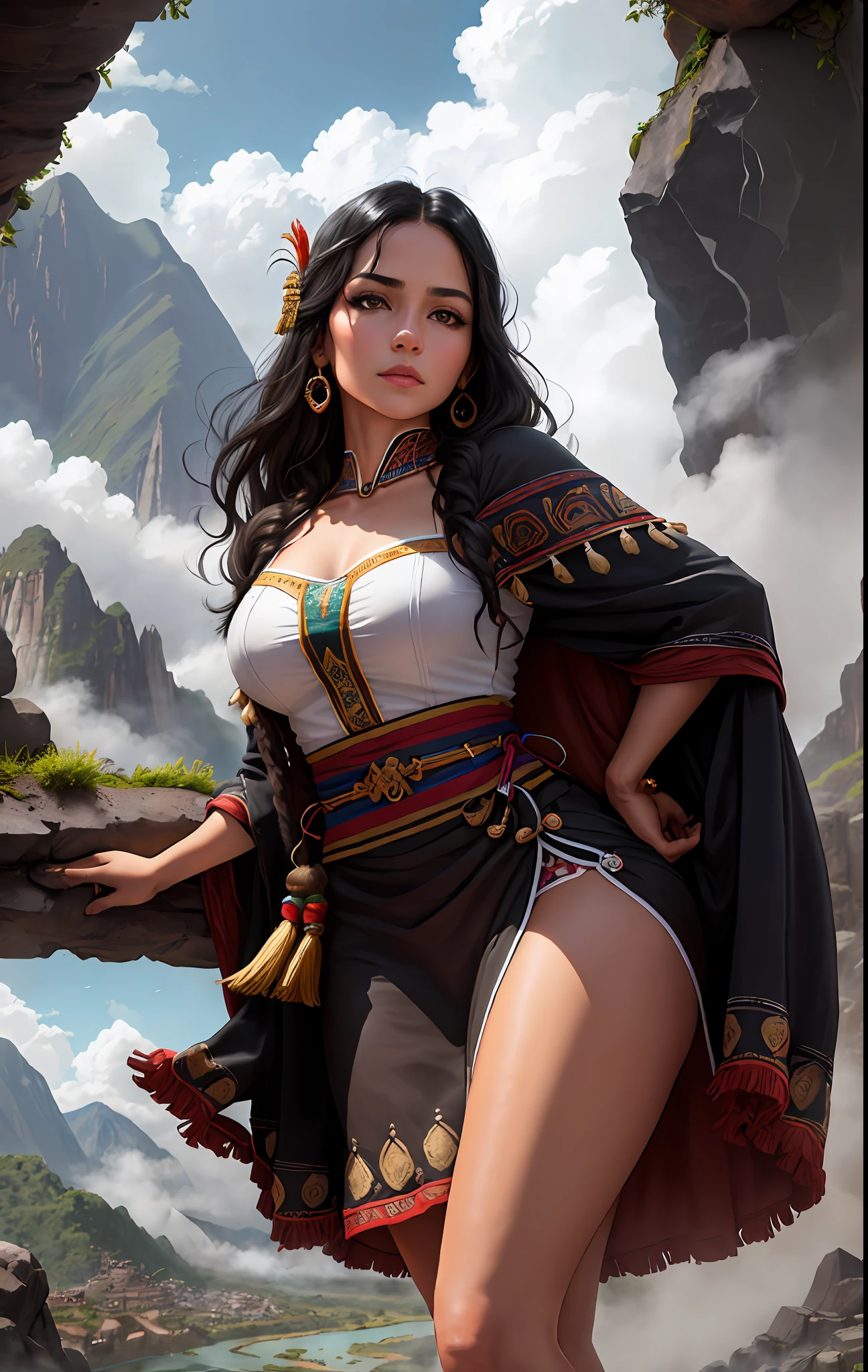 ((realistic: 1.5)),((best quality)), ((masterpiece)),((detailed)), (1 Peruvian girl), {a beautiful Inca woman wearing, (upper body:1.3), { fully dressed with traditional inca dress, super wide-angle lens,facial focus, mature, sexy, toned muscles, long legs, curves, barefoot, full Inca costume, thick thighs, wide hips, thin legs, dark eyes, long black hair, floating hair, long eyelashes, (detailed face, beautiful eye, detailed pupils, detailed characteristics of Inca clothing, light background: 1.3),  mysterious ancient Inca ruin, lush forests, deep canyons, bridge, river, cliff, cloud, lakes, rock, waterfalls, flowers, grass, fog, vine, tree, smoke, best shadow, bright details, sharp, perfect composition, intricate, sharp focus, dramatic, (specular illumination: 1.3),edge light, Inca landscape, fully dressed,