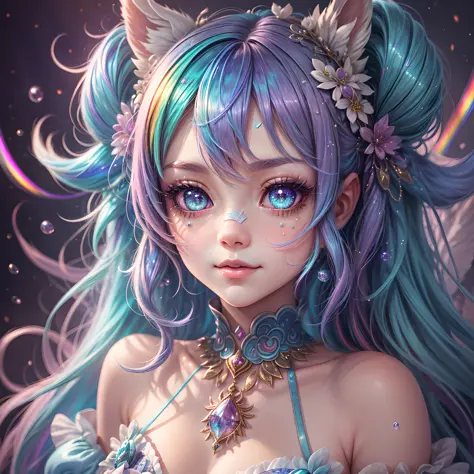 Generate a beautiful petite ((rainbow)) nymph with Harajuku fashion. Include beautiful eyes, highly detailed eyes, extremely det...