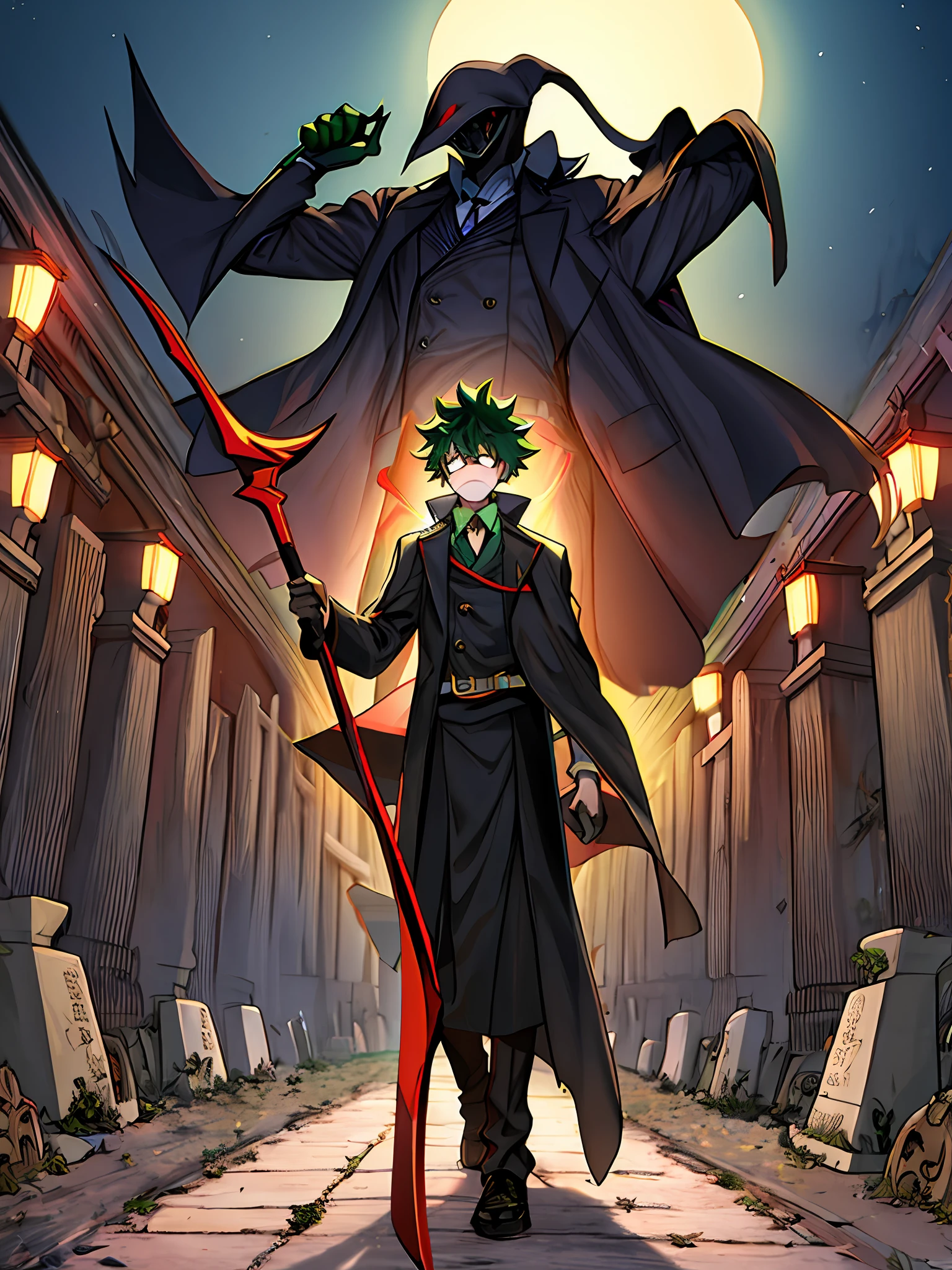 "(masterpiece:1.3),(best quality:1.3): Izuku Midoriya as the Grim Reaper dressed in plague doctor's clothes wielding a scythe in a cemetery under the crimson moonlight."