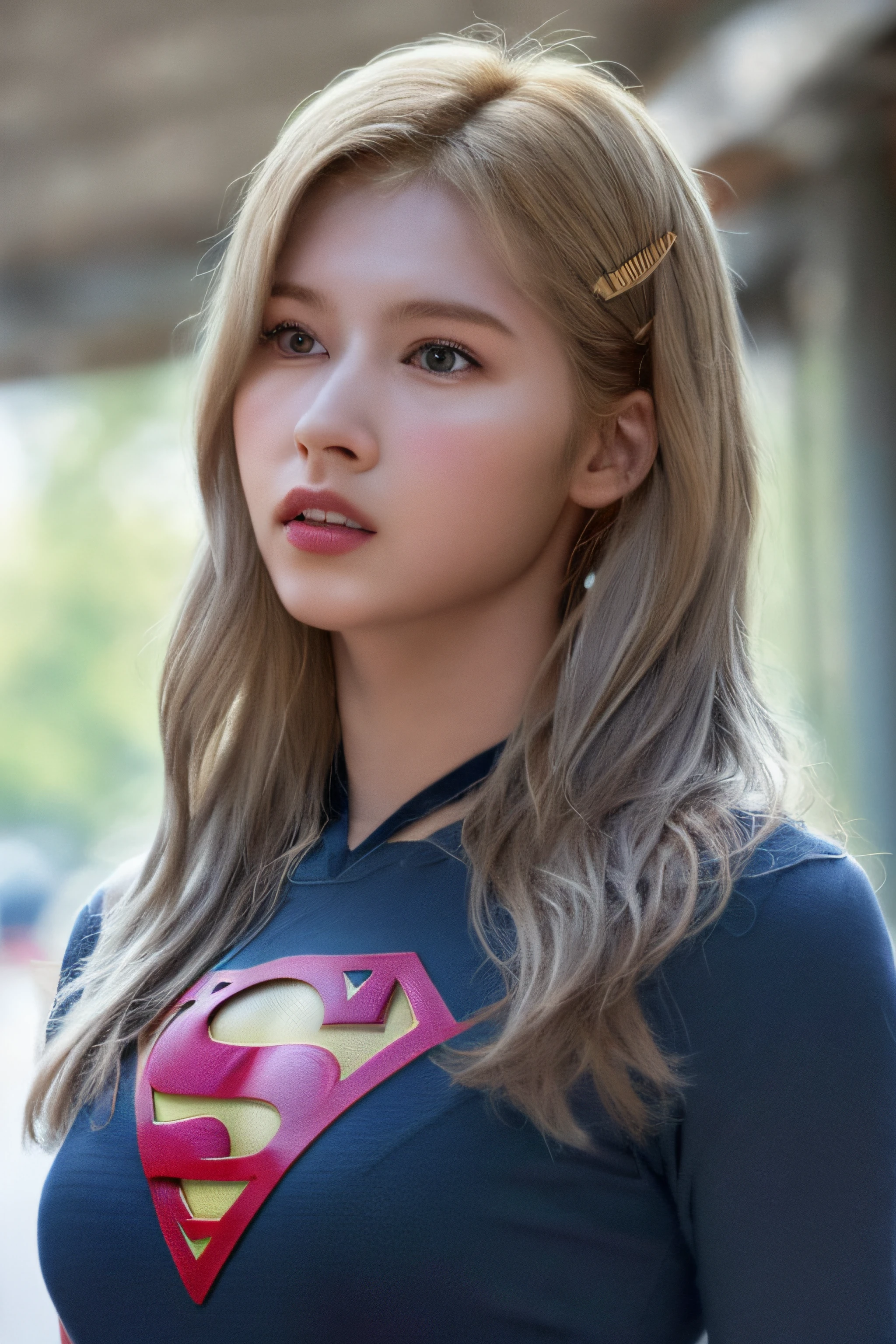 twicesana,photo of a 20 years old girl, best quality, real image, intricate detail, ultra detail, ultra resolution, depth field, (realistic, realistic: 1.2), masterpiece, photo 1girl, supergirl, injured, superhero, realistic,supergirl suit, torn clothes, red skirt, (dirty, bruised, blood: 1.3), brown eyes, blonde, long hair, serious, angry, solo, (exposed torn clothes, torn clothes: 1.3), ruined city background, best quality, realistic, realistic, (complex details: 1.2), (fine details), (cinematic light), clear lines, sharp focus, realistic face, detailed beautiful face, fly in the sky