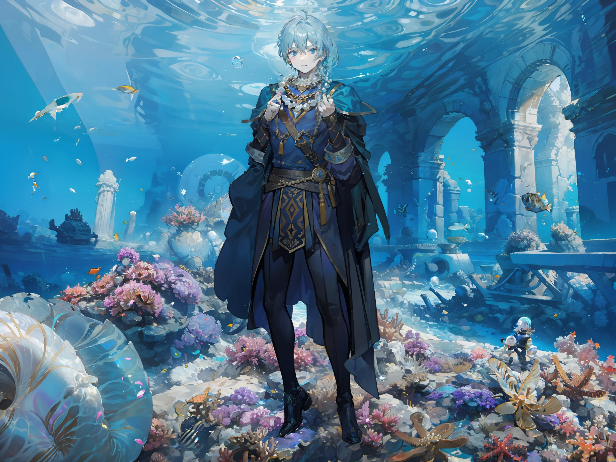 1man, male, mage, magic bubble, putting on pearl necklace. ancient underwater ruins, alcoves containing various artifacts, Shimmering pearls, seashells, and coral sculptures adorn. (Masterpiece: 1.2) (Best quality: 1.3)