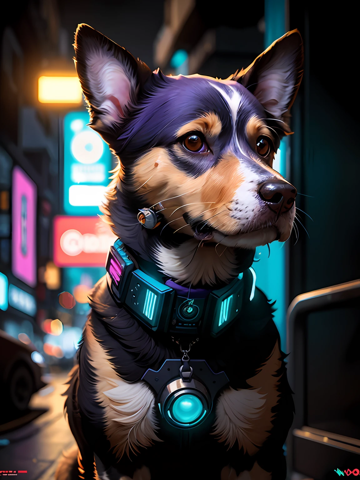 a beautiful portrait of a cute cyberpunk dog by sandra chevrier and greg rutkowski and wlop, purple blue color scheme, high key lighting, volumetric light, digital art, highly detailed, fine detail, intricate, ornate, complex, octane render, unreal engine, photorealistic