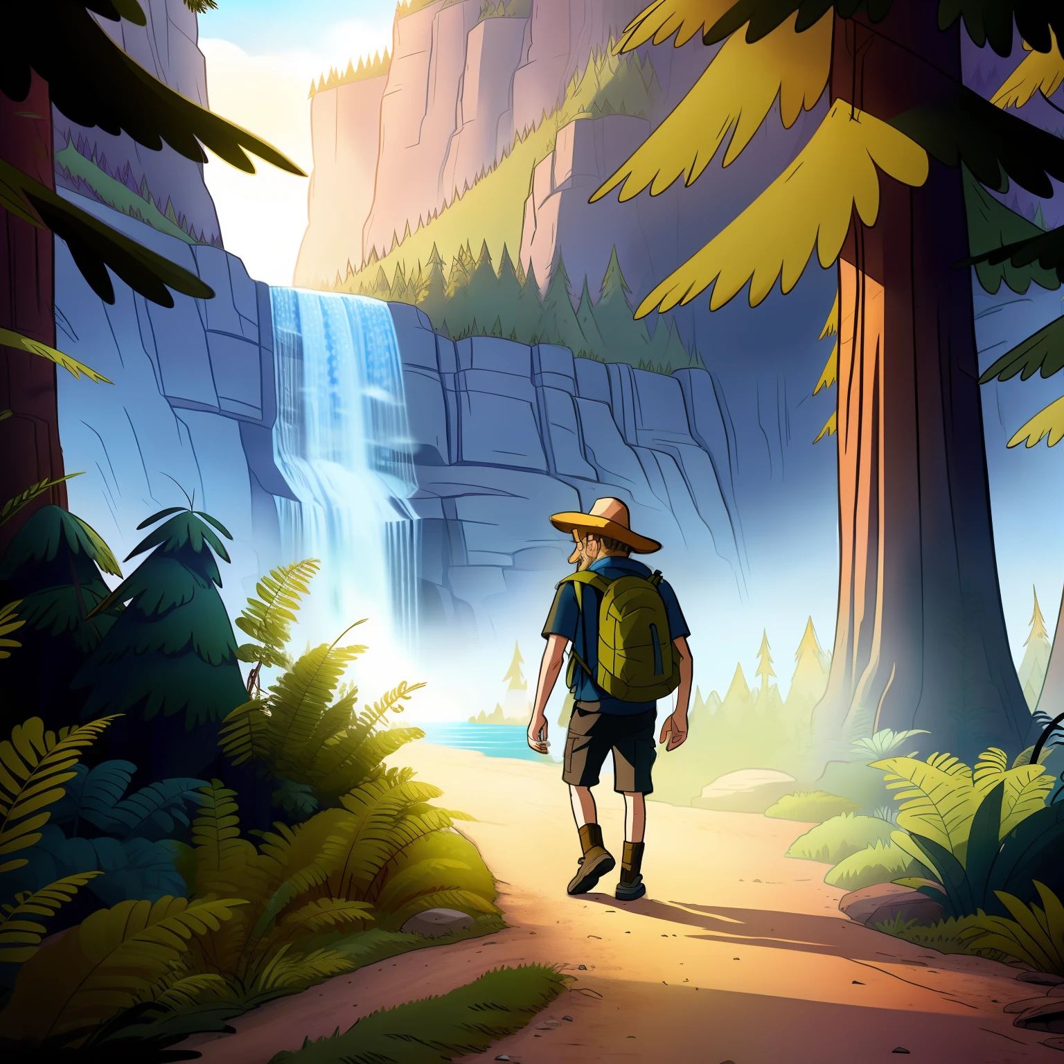 a man wearing a hat and backpack walking down a dirt path in the forest with a waterfall, detailed illustration, cartoon, in the style of gravityfalls,