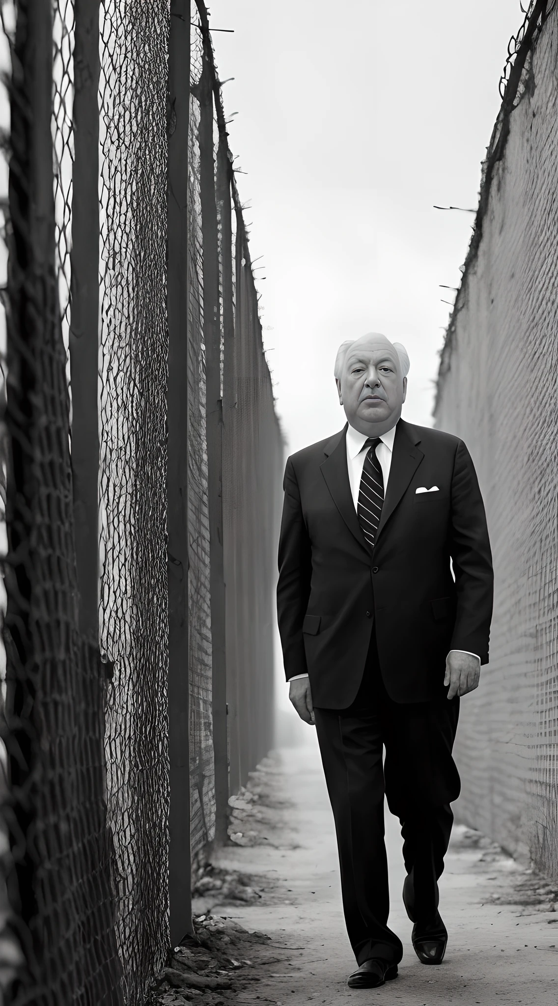 (masterpiece, high resolution, black and white photo:1.3), Alfred Hitchcock, iconic filmmaker, (in his trademark suit:1.2), behind a vintage camera, capturing a scene on a film set, set in a concentration camp, somber and poignant atmosphere, meticulous attention to detail, barbed wire fences, dilapidated barracks, haunting shadows, actors portraying prisoners, Hitchcock's focused expression, intense concentration, capturing the gravity of the moment, timeless aesthetic, evoking the era, dramatic composition, behind-the-scenes glimpse.