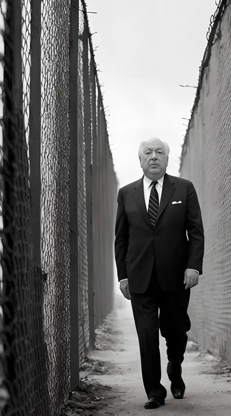 (masterpiece, high resolution, black and white photo:1.3), Alfred Hitchcock, iconic filmmaker, (in his trademark suit:1.2), behi...