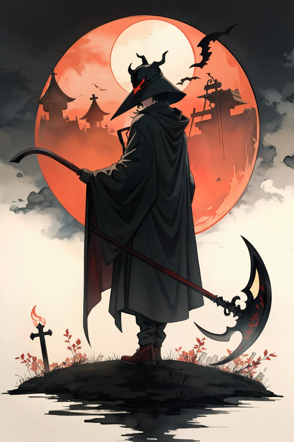 masterpiece, colorful ink painting, Izuku Midoriya as the Grim Reaper dressed in plague doctor's clothes wielding a scythe in a cemetery under the crimson moonlight.