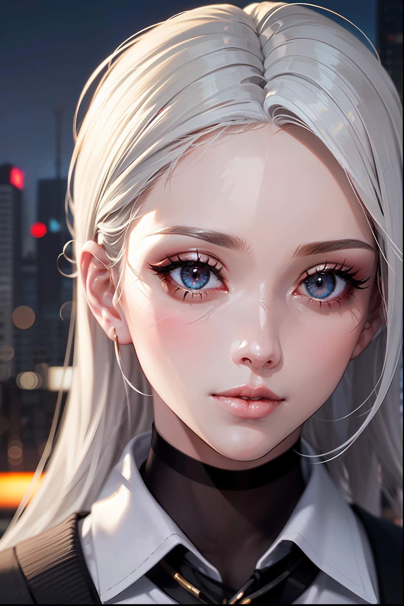 (masterpiece:1.3), (8k, photorealistic, RAW photo, best quality: 1.4), (1girl), beautiful face, (realistic face), Nice hairstyle，Realistic Eyes，Nice detail eyes，（Realistic Skin），Beautiful Skin，Ridiculous，attractive，Ultra high Resolution，an ultra realistic，RAWExtremely detailed，golden proportions, Woman wearing business outfit, formal blazer, white blouse, high waist business skirt, sheer pantyhose, beautiful, masterpiece, best quality, perfect lighting, (white hair:1.4), long hair, (grey eyes:1.2), slender build, thin, medium breasts, business woman, ceo, sitting in luxurious black office chair, giant modern window with view of dusk cyberpunk city skyline in background, close up, dusk, (cyberpunk city background:1.3), (Hazy sky:1.2), (Dim red sun:1.3), eyelashes, dark eyeliner, cyberpunk