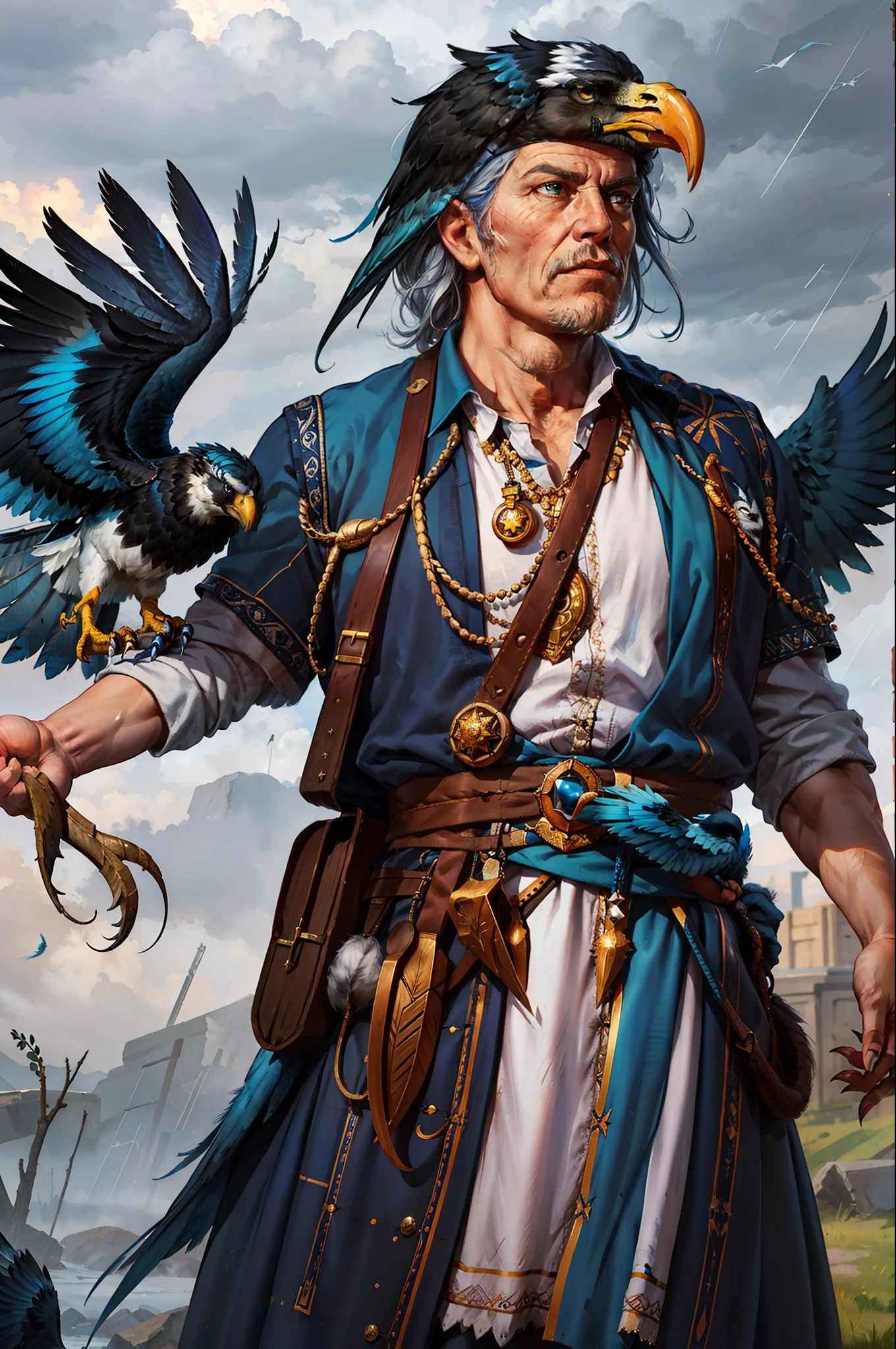 Bird, Cowboy-Schuss eines alten Zauberers, mit blauen Federn, Adlerschnabel, persönlich, Krähe, Sturm, Realistisch, Harpyie, scharfe Krallen, Muskeln, Realistisch photo, Nahaufnahme, keine Angst im Auge
