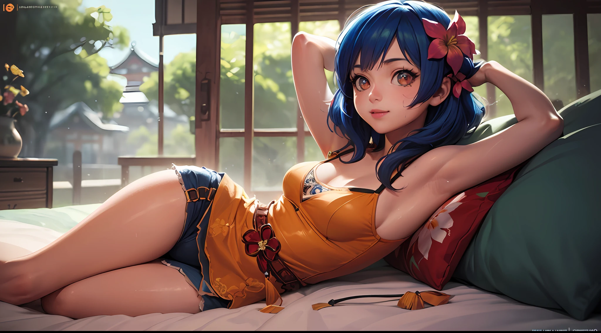 (Ultra Real), (Illustration), (High Resolution), (8K), (Very Detailed), (Best Illustration), (Beautiful Detailed Eyes), (Best Quality), (Ultra Detailed), (Masterpiece), (Nekko Wallpaper), (Detailed Face), Bed, Top Body Up, Short Hair, Blue Hair, Pink Flower, Armpits, Smiles, Lump, Solo, Simple White Top Tank Top Girl, Sweaty, Japan Person, Big,