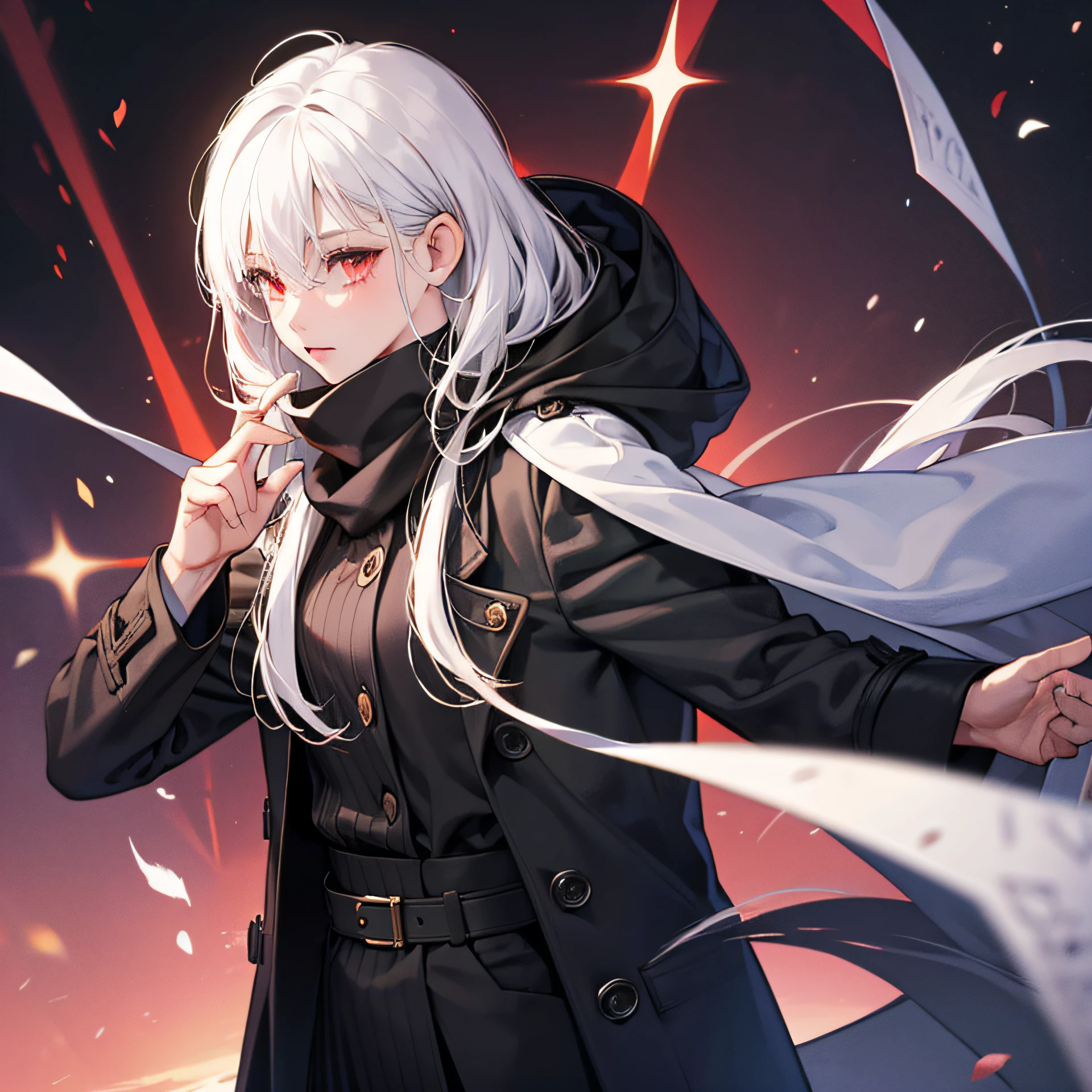 Girl, white hair, red eyes, black blouse, overcoat with hood and a ...