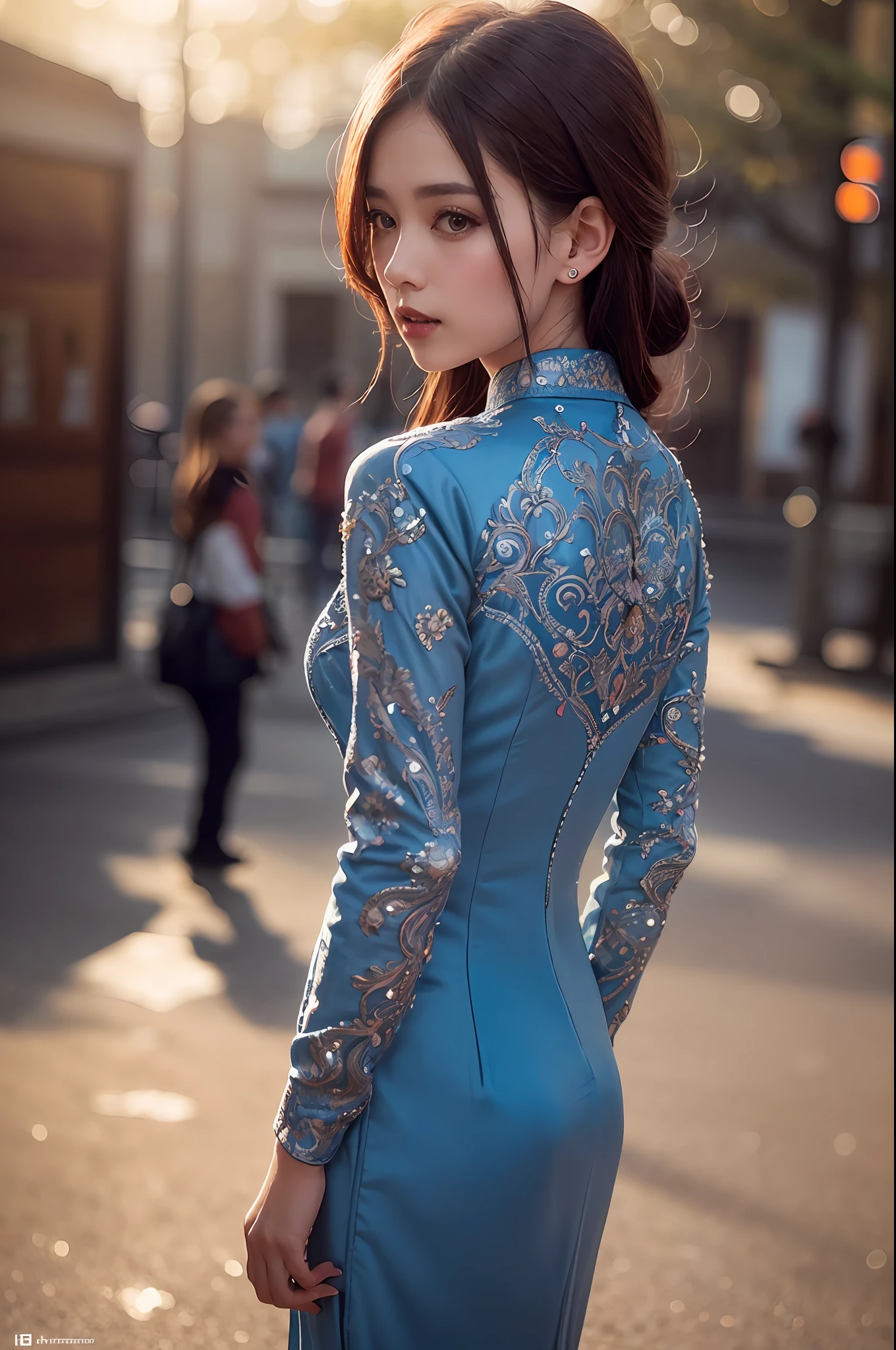 a beautiful girl in vintage colors aodai , masterpiece, best quality, realistic:1.3, street, cyberpunk, sunlight, backlighting, ((((hdr)))), intricate scene, artstation, intricate details, vignette