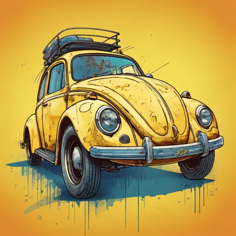 Blue Volkswagen beetle with surfboard on top, highly detailed illustration.", vehicle illustration, beetle, cartoon style illust...
