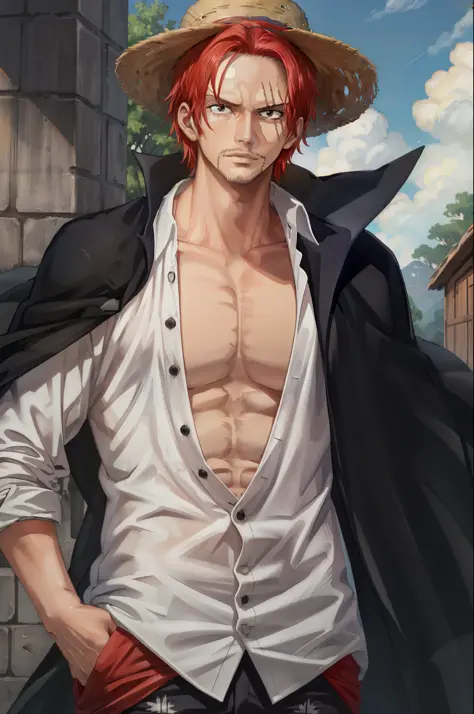 (masterpiece, best quality),  intricate details,
 1boy, man, red hair, straw hat, Shnks, shanks \(one piece\),  scar on face, sh...