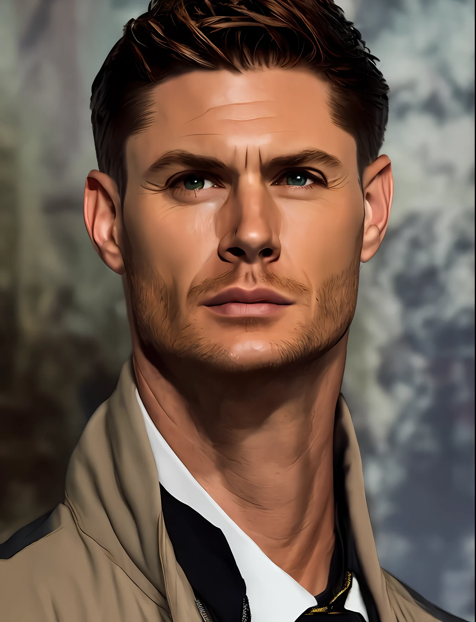 Create Dean Winchester, from the TV show, wearing futuristic batman, with face out