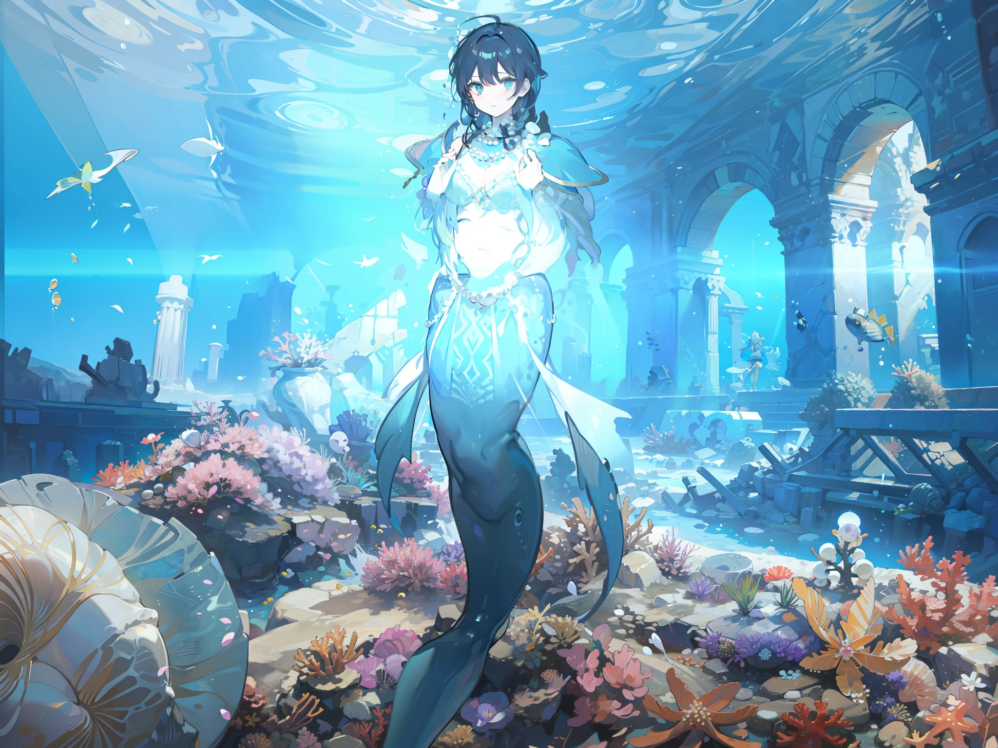 1character, putting on pearl necklace, mid-transformation. ancient underwater ruins, alcoves containing various artifacts, Shimmering pearls, seashells, and coral sculptures adorn. (Masterpiece: 1.2) (Best quality: 1.3)