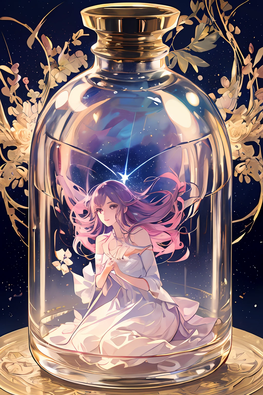 복잡한 배경, 소원 별 배경, woman inside of the bottle wearing a 미묘한 신비한al pink traslucent dress that reflects the stars , perfume 프로모션 아트, 신비한,복잡한 그림, 매우 상세한, 커버걸 브랜드, 프로모션 아트,향수병 안의 여자. 예술적 표현, 미묘한, 별이 빛나는 밤, 미드저니 스타일