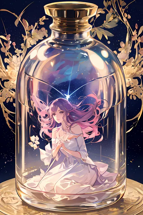 complex background, wishing star background, woman inside of the bottle wearing a ethereal mystical pink traslucent dress that r...