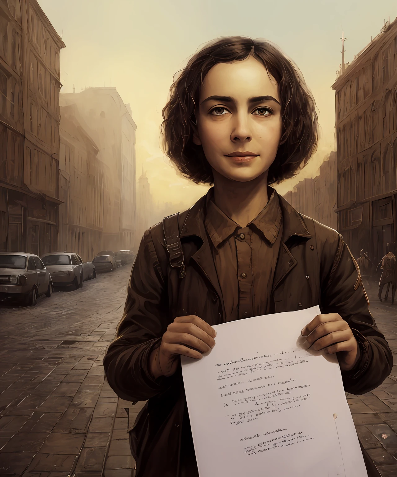 Ana Frank triste pero esperanzada mirando al frente con hojas de papel blanco en las manos. Alejandro Burdisio art, Vibración post-apocalíptica, despues del Apocalipsis, arte apocalíptico, James Gurney y Andreas Rocha, inspirado en Alejandro Burdisio, Portada detallada, despues del Apocalipsis, Post - Apocalipsis, pino daeni y dan mumford, Álbum de ilustraciones de Elysium --auto