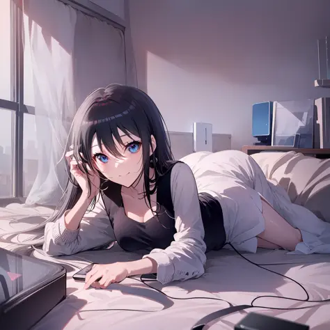 ((masterpiece)), ((best quality)), highres, kei1, 1girl, solo, blue eyes, long hair, (wears a female lenceria to sleep), ribbon,...