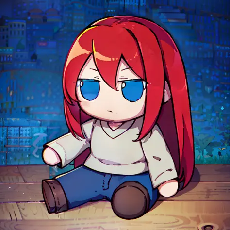 masterpiece, best quality, fumo, sitting, doll, AokoMeltyBlood red hair, blue eyes, Casual, Clothing, Aoko, MB,
