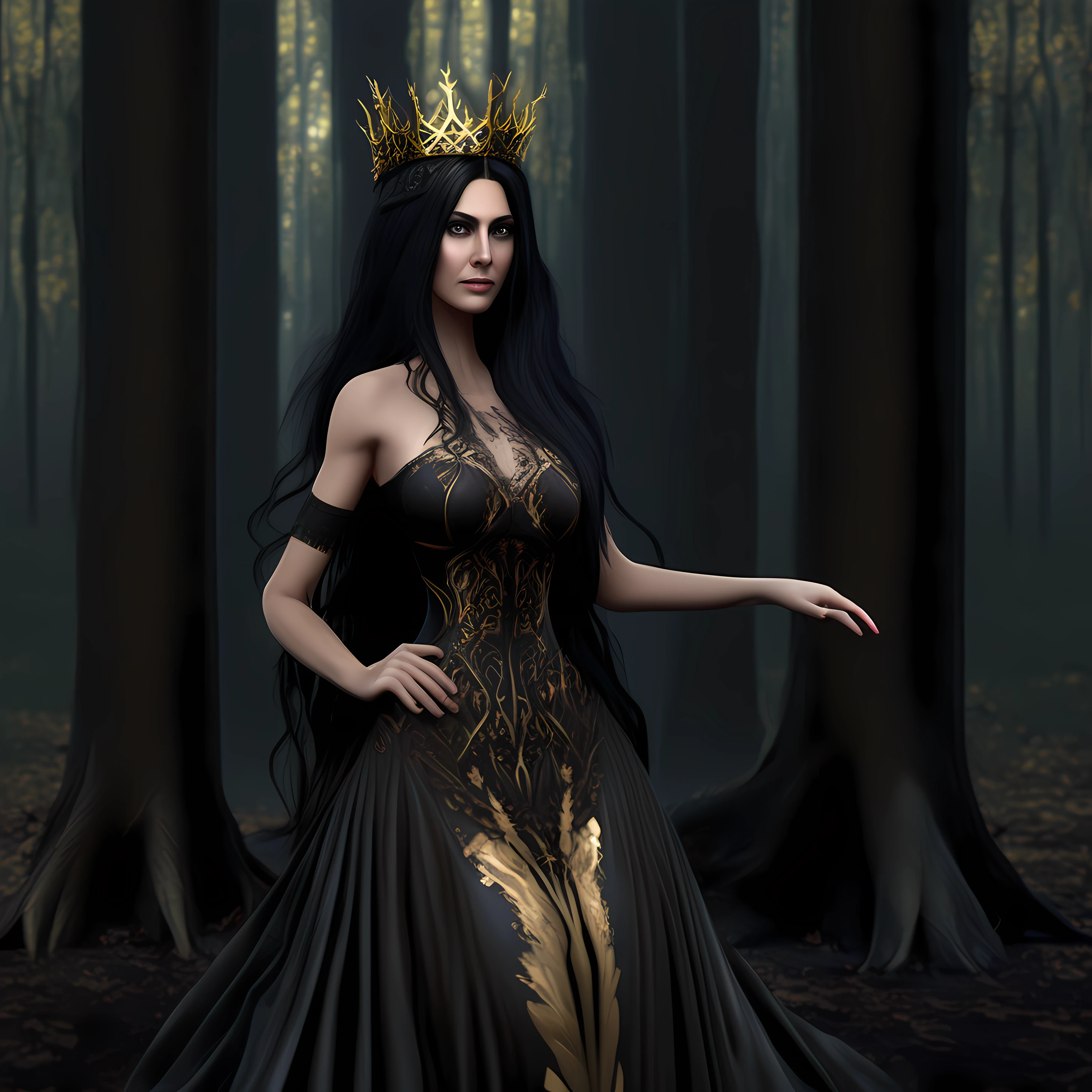 Beautiful sacer with long gothic style dress, in dark forest with Ambar on the floor, head, complex 3d render ultra detailed, 1women, looking at the viewer, (PureErosFace_V1:0.6), 30 yo, long black hair with golden crown, wet hair, pure, real human skin, huge breasts, pure and black golg, vibrant details, hyper-realistic, beautiful background (room: 1.2), octane render, 8k, best quality, masterpiece, an extremely delicate and beautiful, extremely detailed, CG, unit, wallpaper, (realistic, photo-realistic: 1.37), amazing, fine details, masterpiece, best quality, official art, extremely detailed CG unit 8k wallpaper,