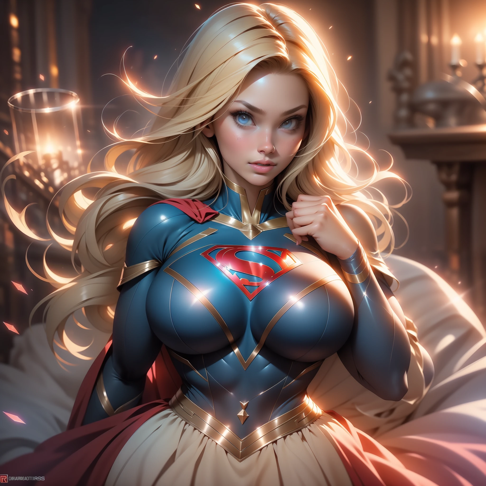 nsfw:1.5,masterpiece, best quality, high quality, high definition, high quality textures, high quality shadows, high definition, beautiful detail, highly detailed cg, detailed textures, realistic representation of faces, realistic, colorful, delicate, cinematic lights, side lights, lens flares, ray tracing, sharp focus, supergirl, 21 anos,(1girl, __focus__:1.3), ( Intricate details, Makeup, PureErosFace_V1:0.5), (Delicate face beautiful with details, Delicate eyes beautiful in detail, Perfect face proportions, dense skin, optimal ratio of four fingers and one thumb, arms under chest, huge breasts, wide hips, smooth upper abdomen, lean, dress, blonde:1.3), bed, without hands