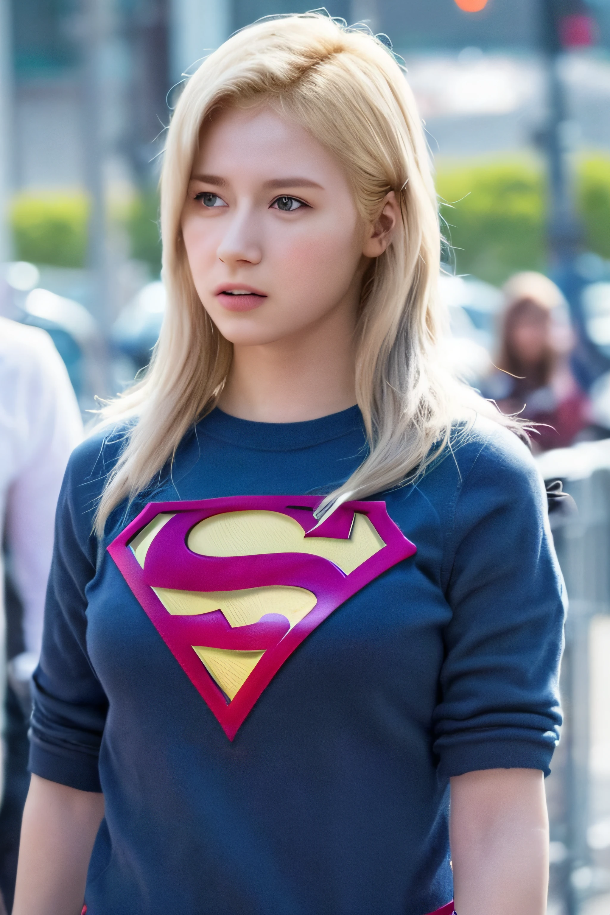 twicesana,photo of a 20 years old girl, best quality, real image, intricate detail, ultra detail, ultra resolution, depth field, (realistic, realistic: 1.2), masterpiece, photo 1girl, supergirl, injured, superhero, realistic,supergirl suit, torn clothes, red skirt, (dirty, bruised, blood: 1.3), brown eyes, blonde, long hair, serious, angry, solo, (exposed torn clothes, torn clothes: 1.3), ruined city background, best quality, realistic, realistic, (complex details: 1.2), (fine details), (movie light), clear lines, sharp focus, realistic face, detailed beautiful face, full body shot, flying in the air