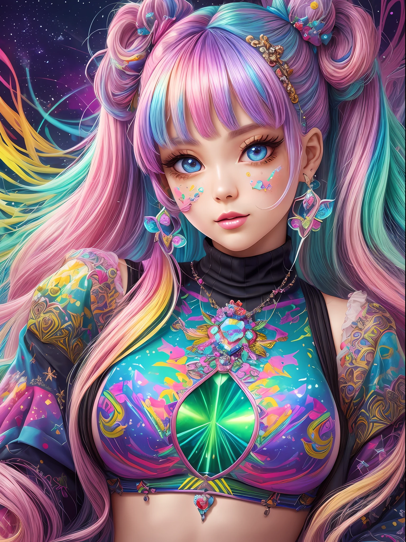This image should be colorful and euphoric with extreme fantasy elements and very bold colors. Use (((lora:ArcherTurtleneck:1))). Generate a beautiful  nymph with ornate and highly detailed Decora Harajuku fashion aesthetics on an interesting Harajuku street background. Her head, torso, and hips are in frame. The nymph should have a mature face with a lot of character and visual interest. Include beautiful eyes, highly detailed eyes, extremely detailed eyes, intricate eyes, 8K eyes, macro eyes. Pay close attention to intricate facial details and realistic eye shading. Include bright lisa frank rainbow colors. ((Include many realistic fantasy and rainbow Harajuku and decora details)). Clothing should be very detailed and intricate in the style of extravagant Harajuku decora street fashion with a heavy emphasis on rainbow colors. Her shirt should (((cover her stomach and breasts))) and contain contrasting textures, colors, and patterns  (((lora:ArcherTurtleneck:1))). Her pants should be highly detailed and contain contrasting textures, colors, and patterns. The image is the highest quality possible, with rich colors and an extremely high resolution. Consider influences like the artwork and colors of Lisa Frank. Utilize bright ambient lighting and dynamic composition to enhance a feeling of happiness and ((euphoria)). The image should contain shimmer, phantasmal iridescence, crystals, and bumps. (((lora:ArcherTurtleneck:1)))