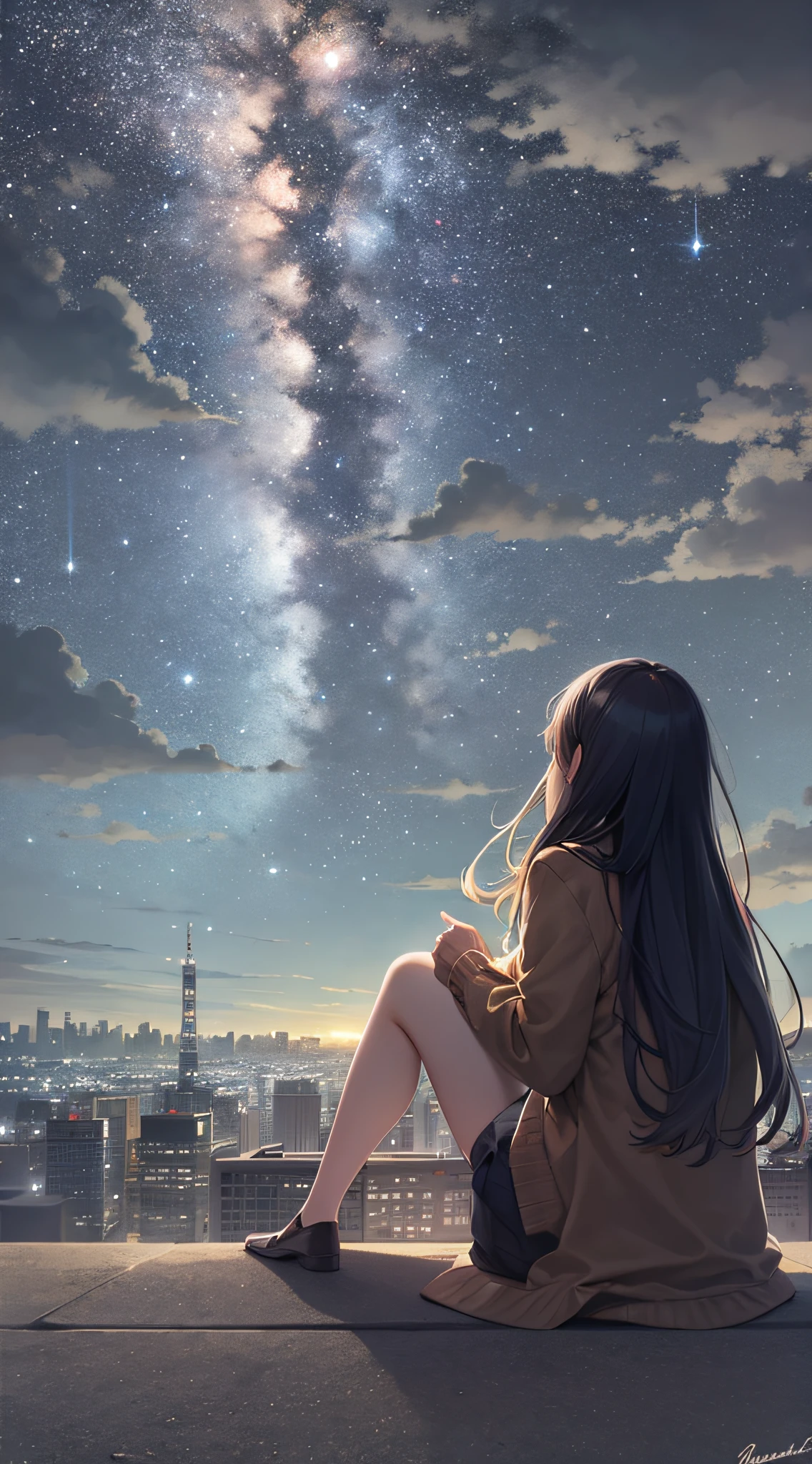 sky, star, landscape, starry sky, night, girl, night sky, solo, outdoor, signature, building, clouds, milky way, sitting, tree, long hair, city, silhouette, cityscape