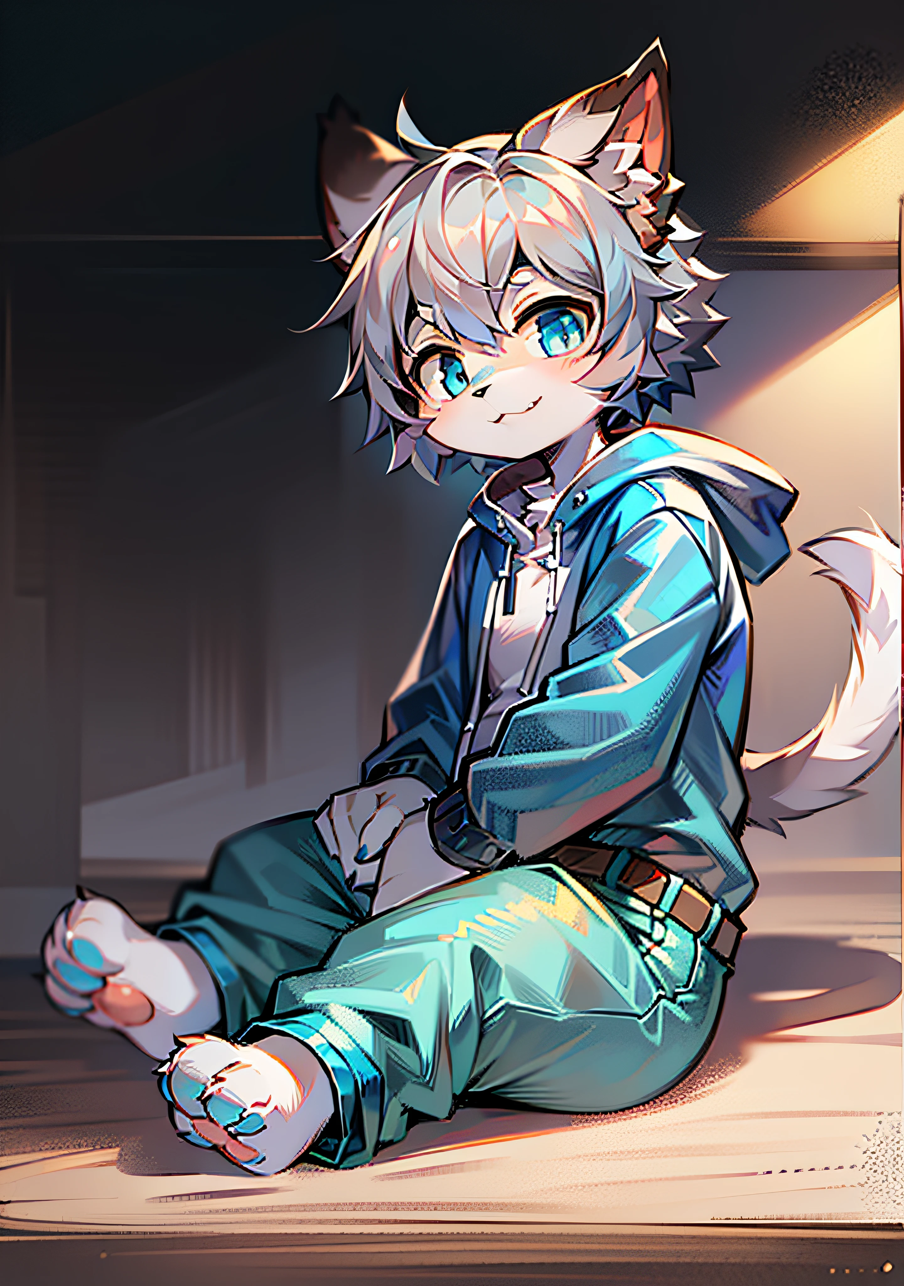 Bright eyes, character bust photo, Q version, avatar frame, character focus, solo, furry, furry male cat, male yellow-white fur, blue eyes, gray hair (long) loli style, little cute, will sell cute, wearing blue clothes and pants, has a tail