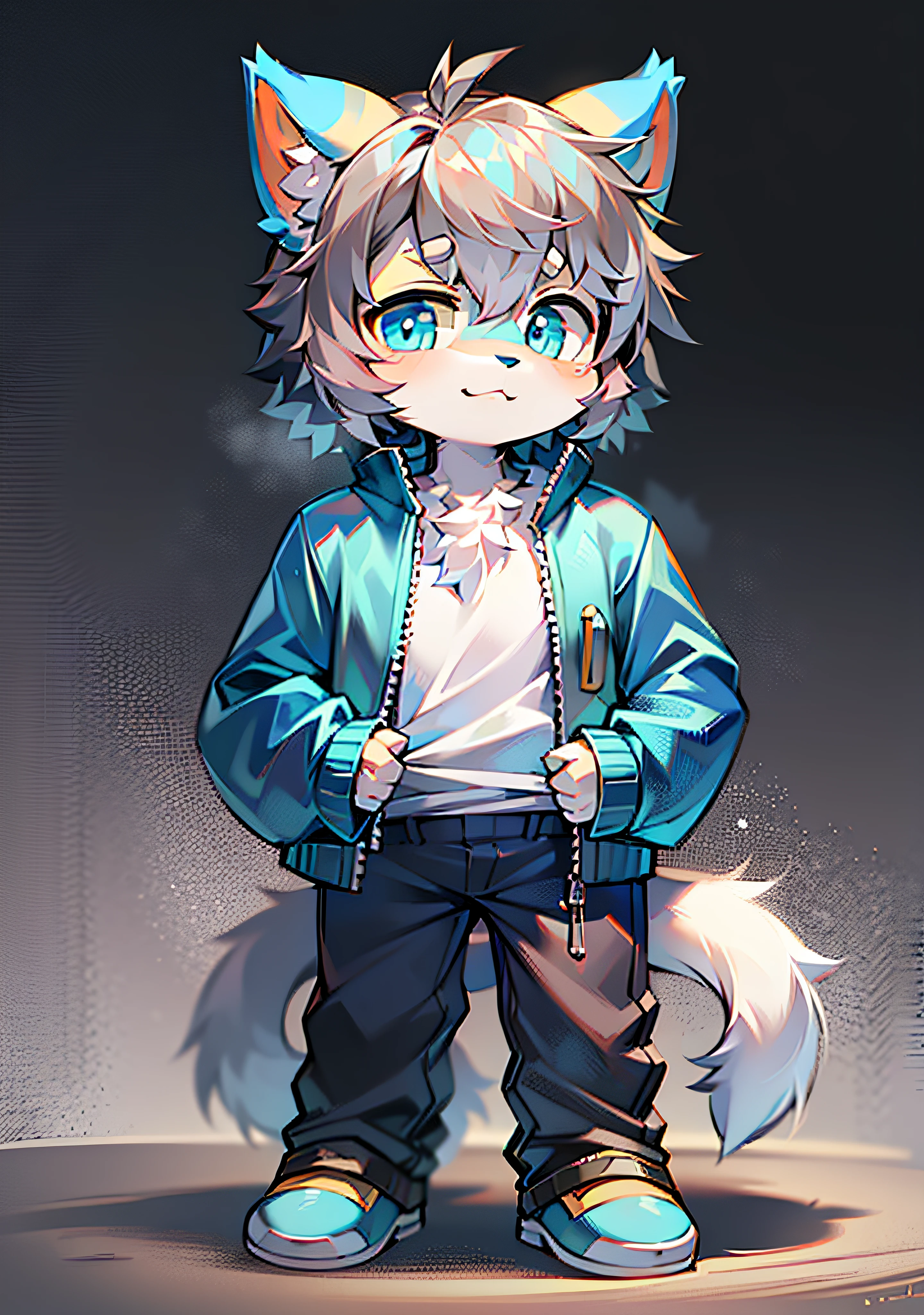 Bright eyes, character bust photo, Q version, avatar frame, character focus, solo, furry, furry male cat, male yellow-white fur, blue eyes, gray hair (long) loli style, little cute, will sell cute, wearing blue clothes and pants, has a tail